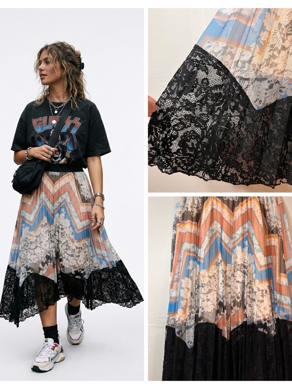 GUESS Sheer Lined Mixed Print Pleated Midi Skirt Black Lace Trim S